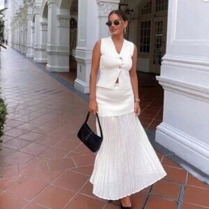 ZARA MIXED PLEATED KNIT SKIRT ECRU Cream S M L NWT